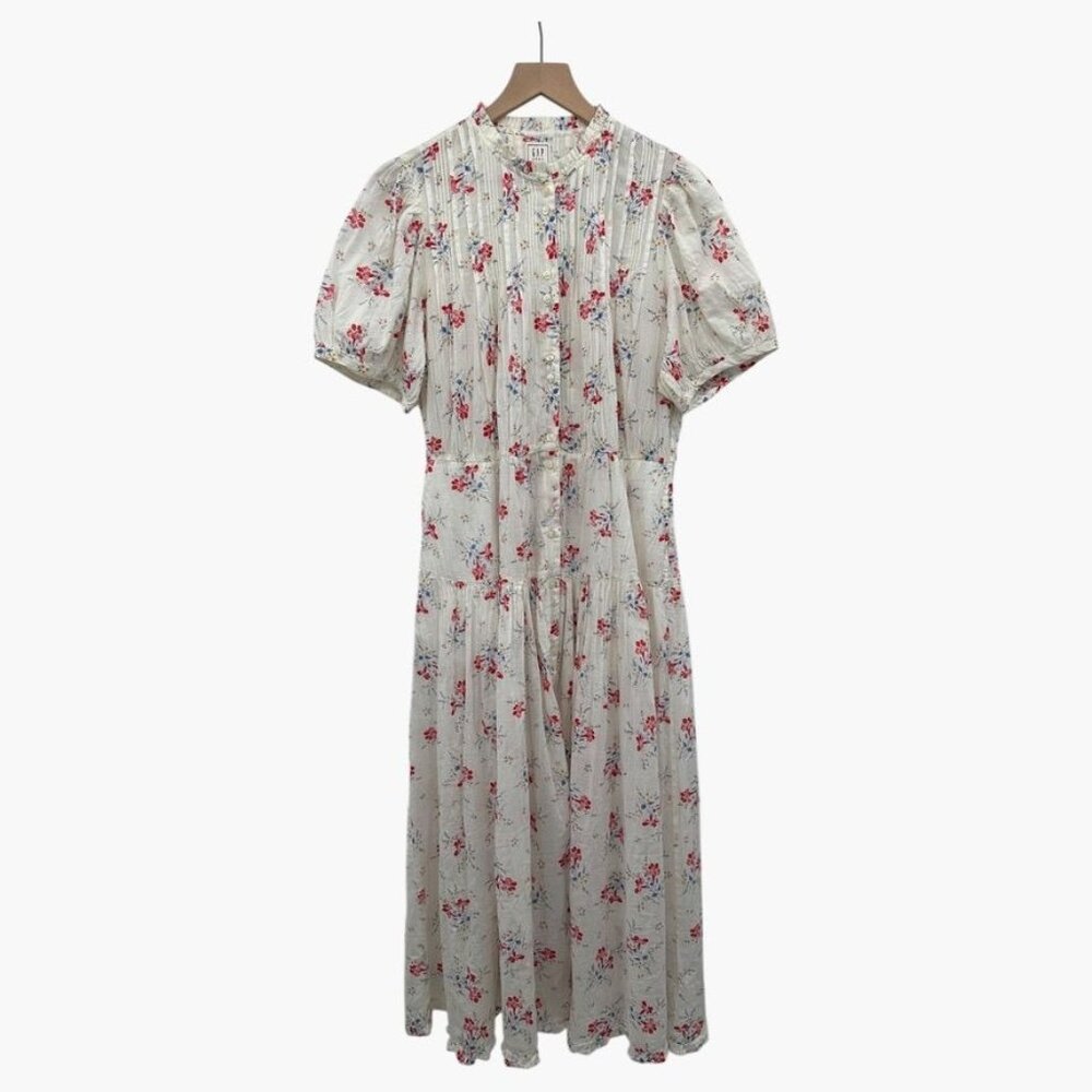 Gap X Doen Floral Midi Dress Button Front Puff Sleeve 100% Cotton White Multi Co